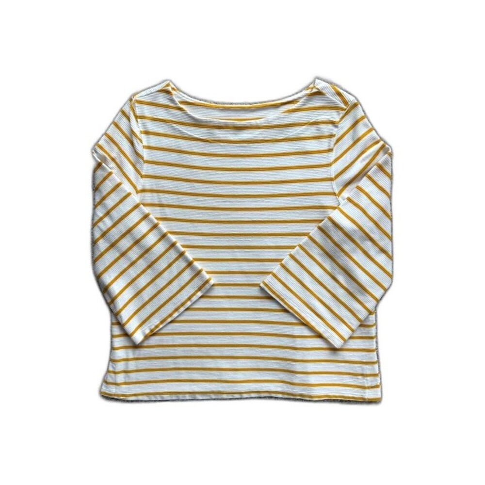 Old Navy Women Large Mustard Striped Bell Sleeve Top Ribbed Knit Boatneck Shirt